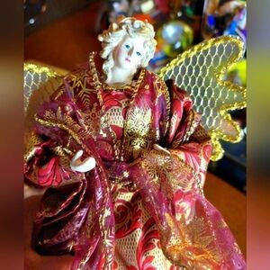 NWOT. Vintage* Angel Tree Topper, Burgandy & Gold Gown